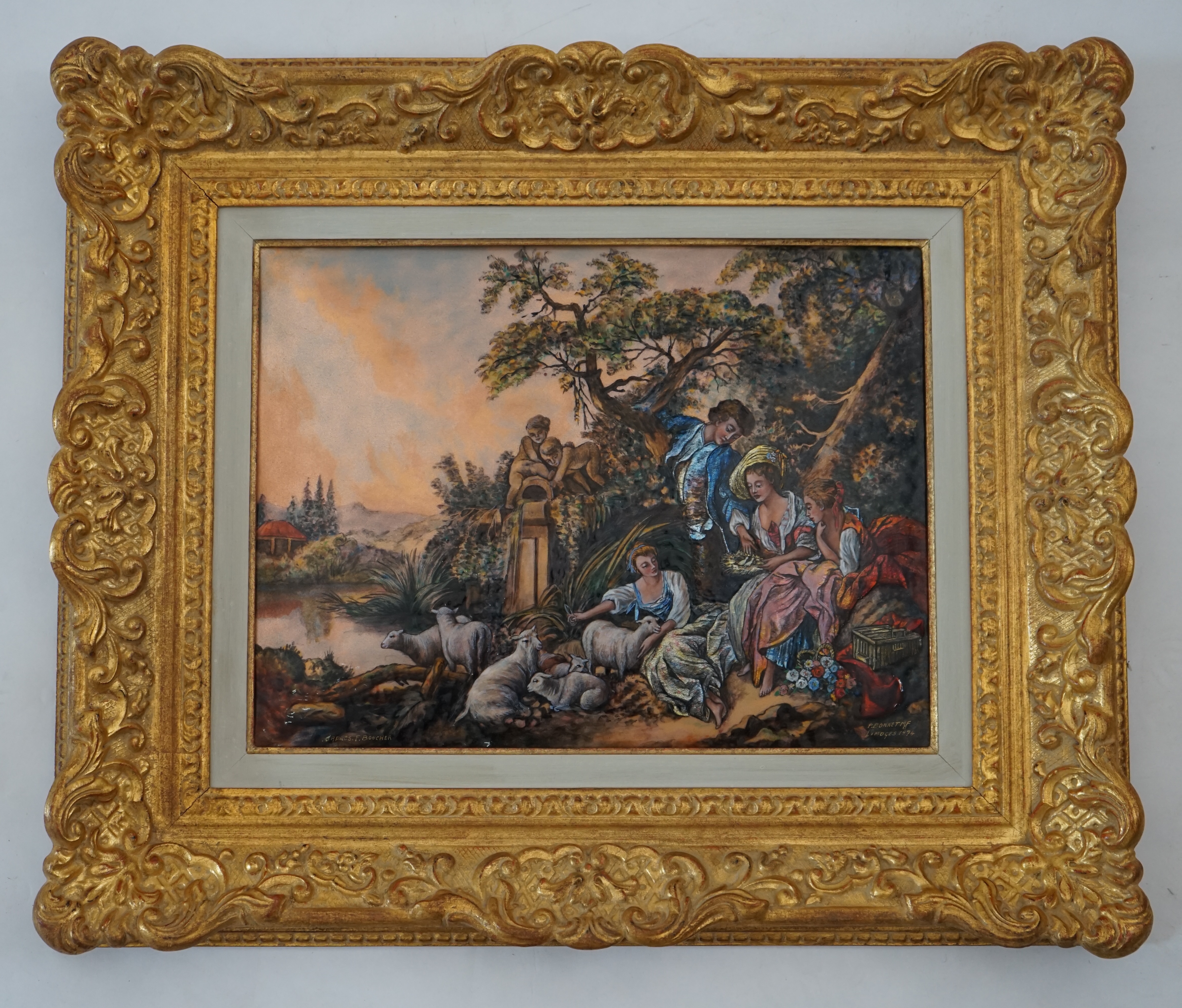 Pierre-Henri Bonnet after Boucher, a Limoges enamel plaque depicting an 18th century lady